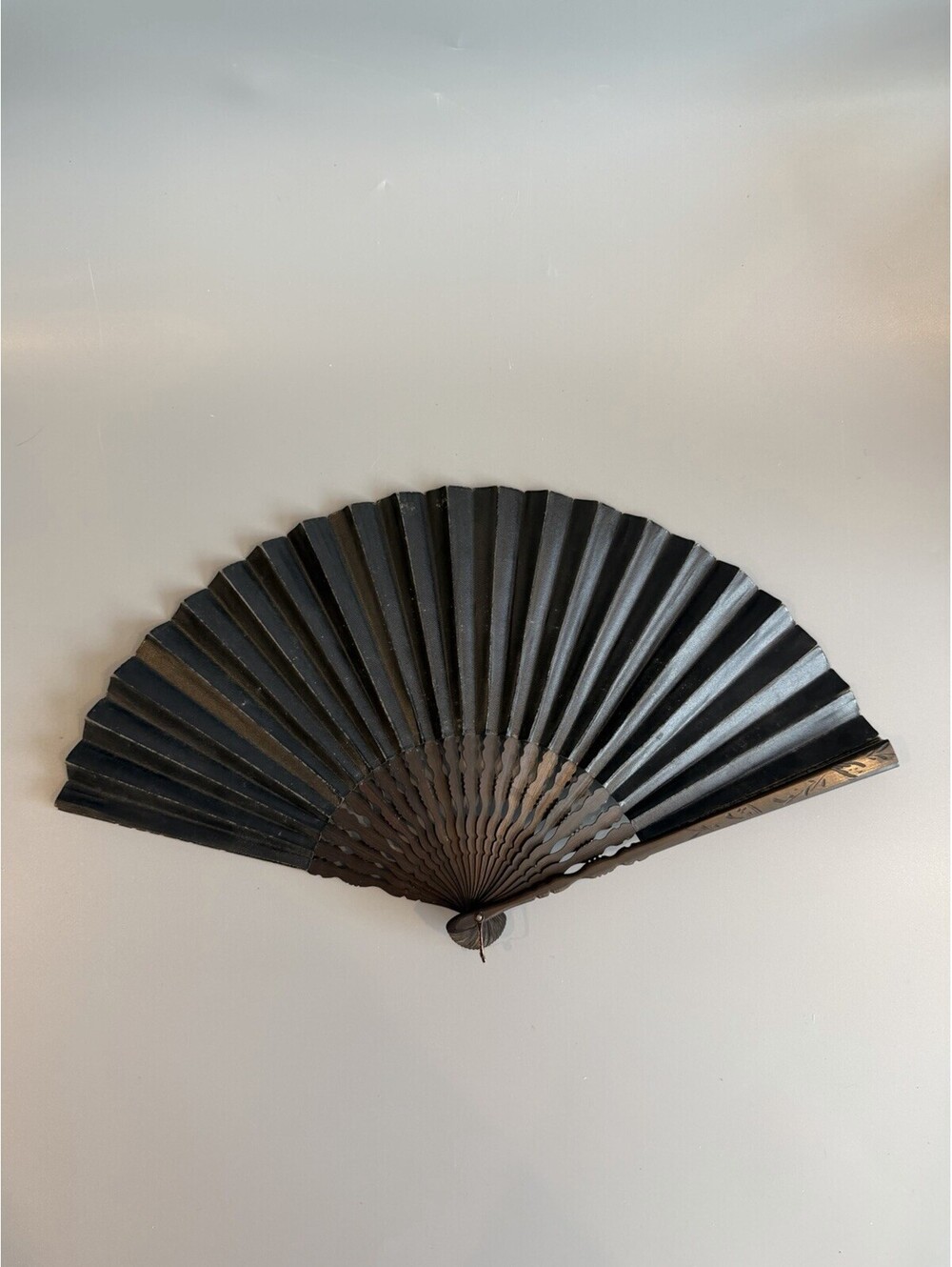 Antique Victorian Lady's Hand Fan Mourning Black Painted Paper & Wood 19th c.